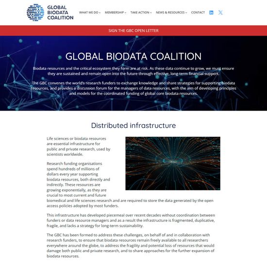 The Global Biodata Coalition website, with an image of lines connecting dots