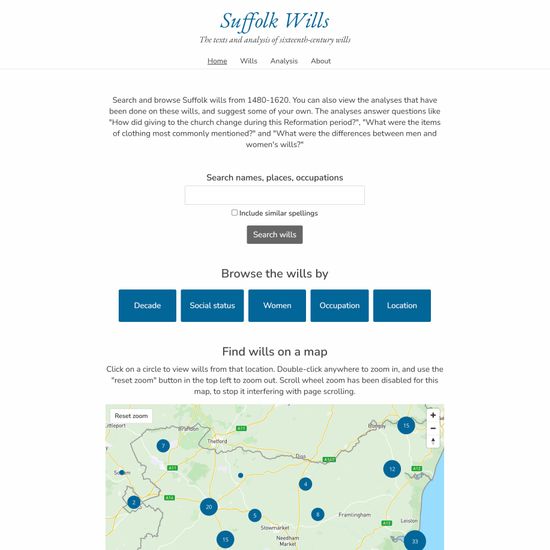 The Suffolk Wills website, with a map of Suffolk on it